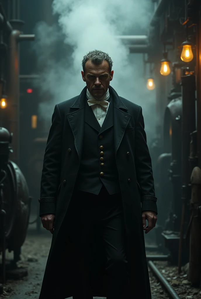 Character similar to actor Mike Kolter wearing Victorian costumes in a dark and steamy factory