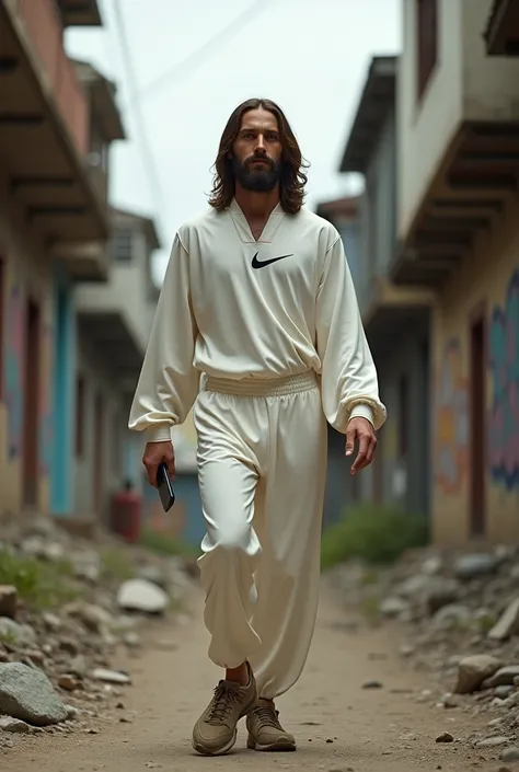 Jesus dressed in a Nike jumpsuit while walking in a ghetto with an iPhone 14 in his hand 