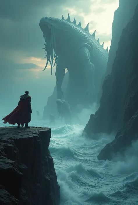 An epic medieval scene with a vast ocean and colossal sea creatures. The perspective is from the edge of a high cliff, with jagged rocks leading down to the ocean below. At the tip of the precipice stands a lone individual, gazing out over the vast expanse...