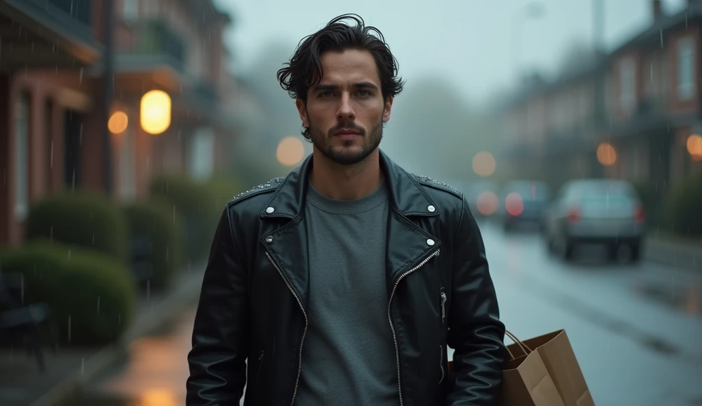 a handsome man and a  , . He is wearing a wet black leather jacket and a gray t-shirt underneath,  with his hair disheveled and wet from the rain .  The background is softly blurred , Showing a suburban street  ,  creating a moody, cinematic atmosphere . T...