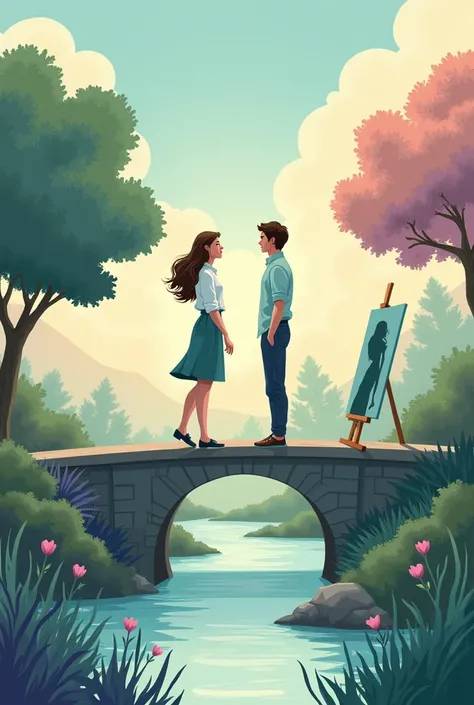 Main Composition :  Bridge and River

Color : pastel (blue, green, cream, pink, lavender)

Ayla  (Mature woman wearing blouse , skirt 3 /4, shoe KETS,  long wavy hair ,  MALE SHOULDER HEIGHT) and Reno  ( ADULT MALE , wearing a shirt,  cloth pants ,shoe, UN...