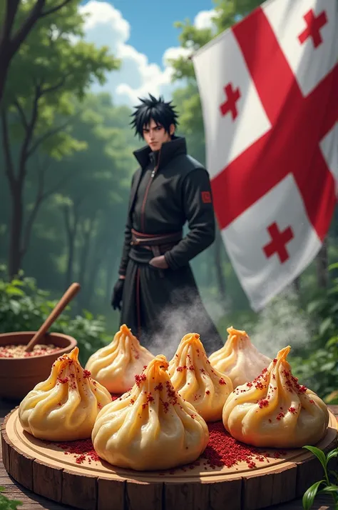 Generate an image with khinkali, with Sasuke standing next to them, and the flag of Georgia nearby.

