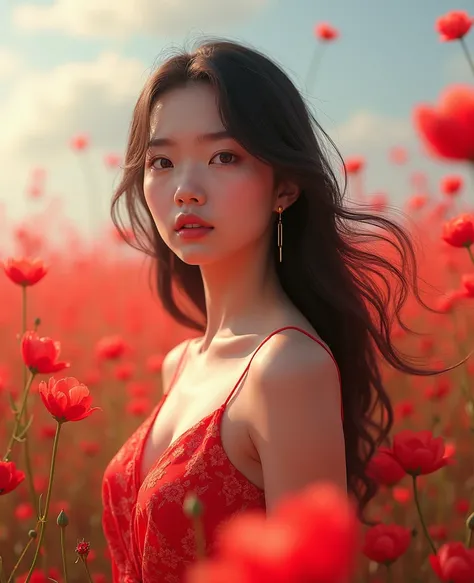 a close up of a woman standing in a field of flowers, beautiful digital artwork, beautiful digital painting, by Yang J, beautiful gorgeous digital art, beautiful digital art, chinese girl, beautiful asian girl, celestial red flowers vibe, 8 k realistic dig...