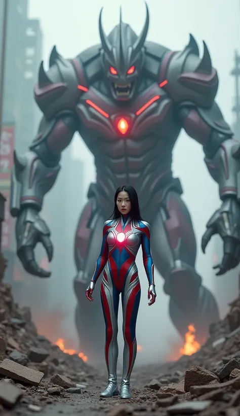 "Create a realistic half-body 2K image of a stunning Korean woman with an hourglass figure, long legs, and fair white skin. She is dressed in a form-fitting Ultraman costume with vibrant red, silver, and blue metallic tones, complete with a sleek Ultraman ...