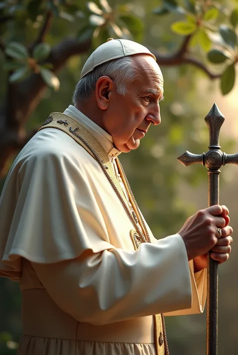 
Side view, Roma Pope of Francis, standing pose,  Society of Jesus  87-age,  (White hair, serious,  metal cross), tiara, Catholics Pope wear,  looking at a chicken, chicken cry 3 time, before dawn, front fig tree , in Jerusalem, AM:6.00, (photographic, sup...