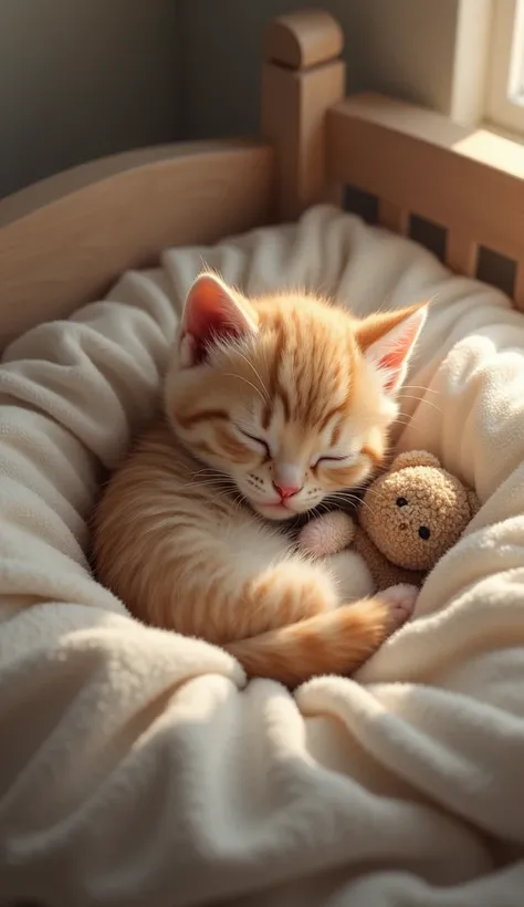 A sleepy kitten snuggled up in a small bed, hugging a teddy bear and dreaming.