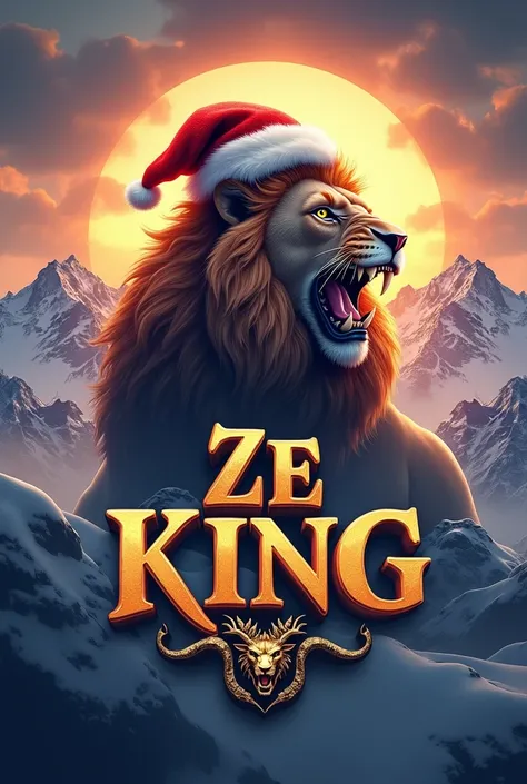  create a hyper-realistic and highly detailed logo,  une triples expositions   le prénom Ze KinG en lettre dor et noir , a muscular lion with a Christmas hat that roars ,   a snowy mountain. A sunset . a dragon, add a magical side.  High definition HD 4K a...