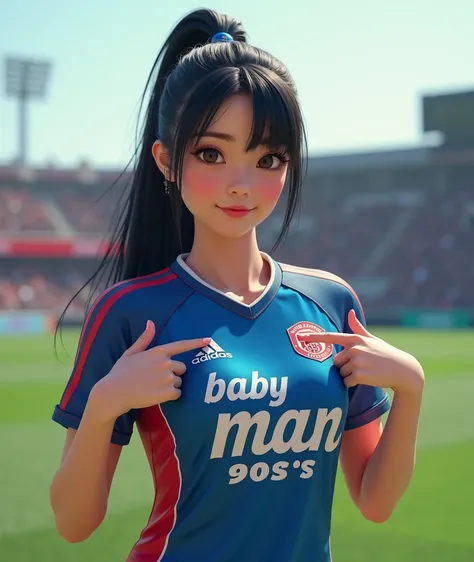 An Asian woman is looking straight at the ,Use one hand to point to your chest , and the other to point at the action spectator in different poses on the most modern football field.,  a sparkling portland skin,  glazed tile skin , Red cheeks, Pink skin,  h...