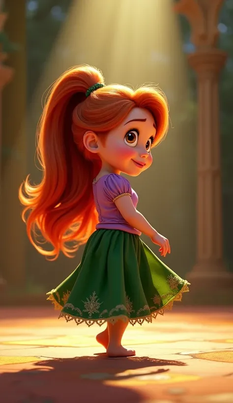 Disney Pixar style character Rapunzel baby with ponytail and red haired hair ,  green skirt and in the background a Brazilian stage that is looking ahead and that is standing so that she is moving and dancing