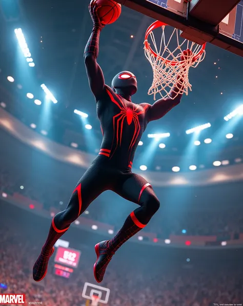 Limage représente une scène vibrante et dynamique où un personnage en costume noir et rouge, évoquant une version alternative de Spider-Man, effectue un dunk spectaculaire avec un ballon de basketball. La perspective accentue limpression de mouvement, avec...