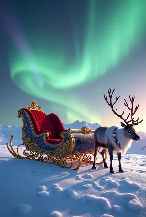 "A hyper-realistic digital artwork of a luxurious sleigh resting in a pristine snowy landscape at the North Pole. The sleigh is ornately designed with gold accents, velvet-lined seating in deep red, and intricate carvings of winter motifs along its sides. ...