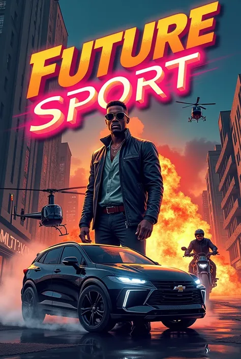 movie poster in the style of a 1980s Sci fi film, featuring a bold, diagonal title “FUTURE SPORT” in a CHROME METAL  font. The poster should showcase a lone, confident Black man, wearing sleek sunglasses, standing against a backdrop of a crumbling cityscap...