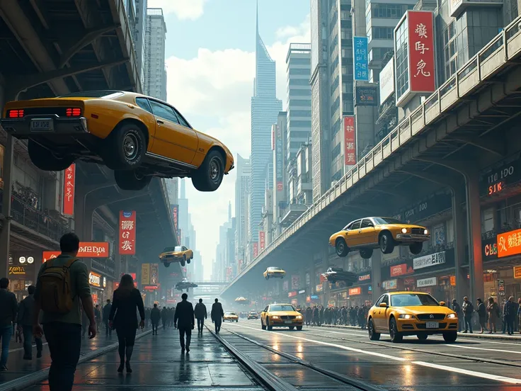 Closer shot ,  showing busy streets ,  floating cars cross the sky ,  while pedestrians in exhausting clothes walk