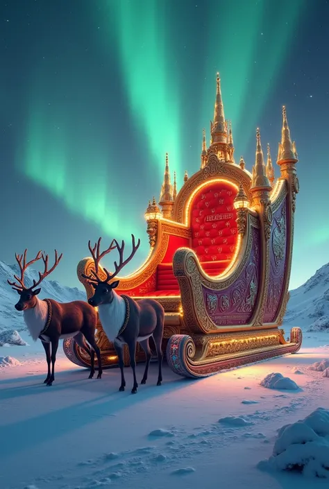 "A hyper-realistic digital artwork of an enormous, majestic sleigh resting in a vast, snowy expanse at the North Pole. The sleigh towers in size, with intricate golden details, glowing runes etched along its sides, and luxurious red velvet upholstery visib...