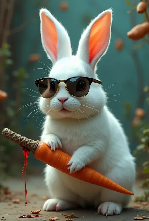 White rabbit with sunglasses with light blood stains and carrot-shaped sword