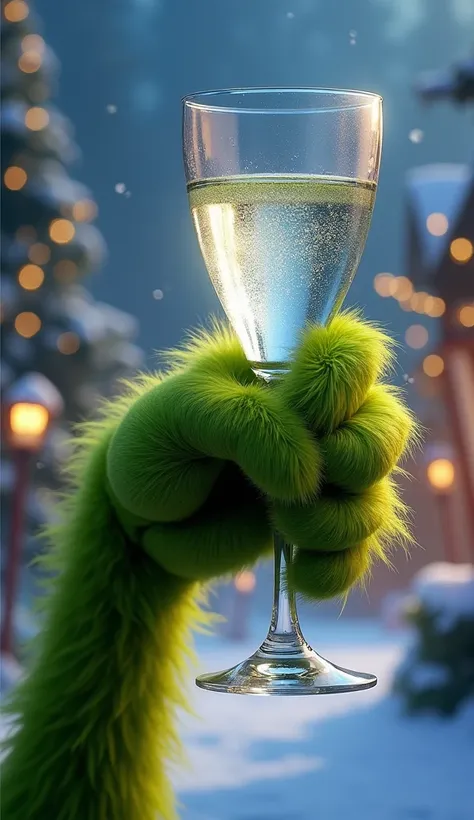  I need the Grinchs hand green and hairy with a glass flute cup, With a clear drink . With a cool Christmas background .