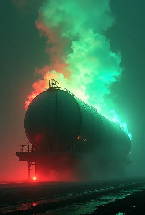 Create a fuel tanker shrouded in a green red and blue aura 