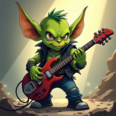 Small goblin rocker, wearing a black vest, green skin, anime style