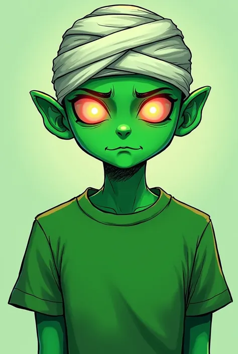 a drawing of a man with a bandaged head and a green shirt, green body. red eyes, with glowing red eyes, his eyes are red and glowing, green colored skin!!, drawn in microsoft paint, green glowing eyes, unknown artstyle, its name is greeny, green eye, color...