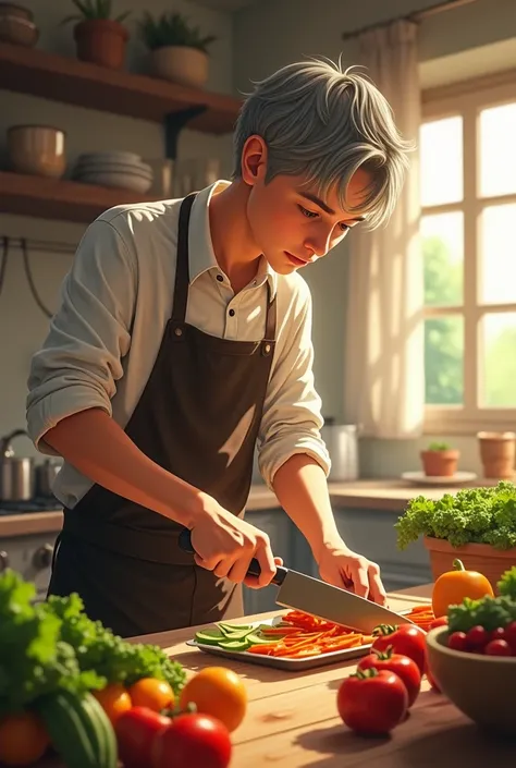 Older boy cooking chopping vegetables