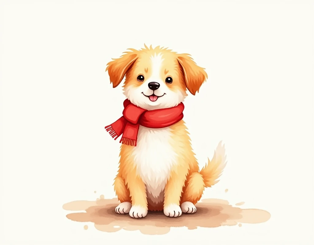 Watercolour cute dog sitting with a smile nd a red small muffler around the neck