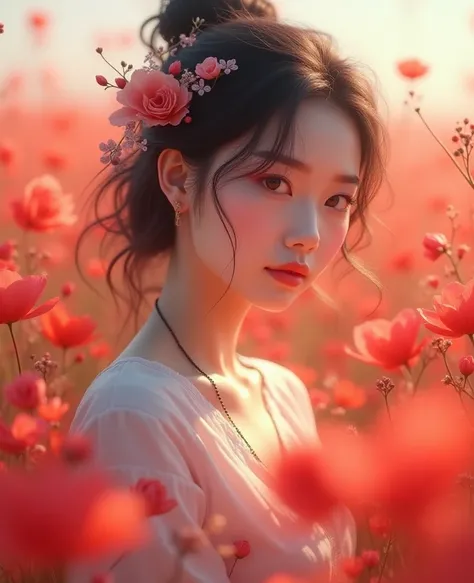 a close up of a woman standing in a field of flowers, beautiful digital artwork, beautiful digital painting, by Yang J, beautiful gorgeous digital art, beautiful digital art, chinese girl, beautiful asian girl, celestial red flowers vibe, 8 k realistic dig...