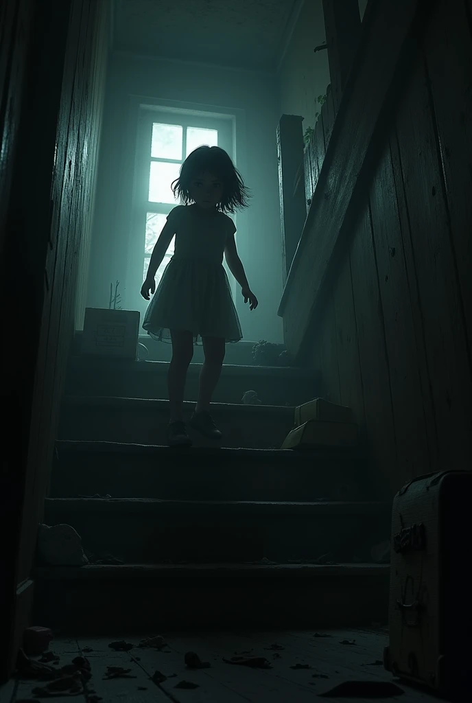  The camera focuses on a young Maria climbing into the attic,  But behind it a terrifying shadow  