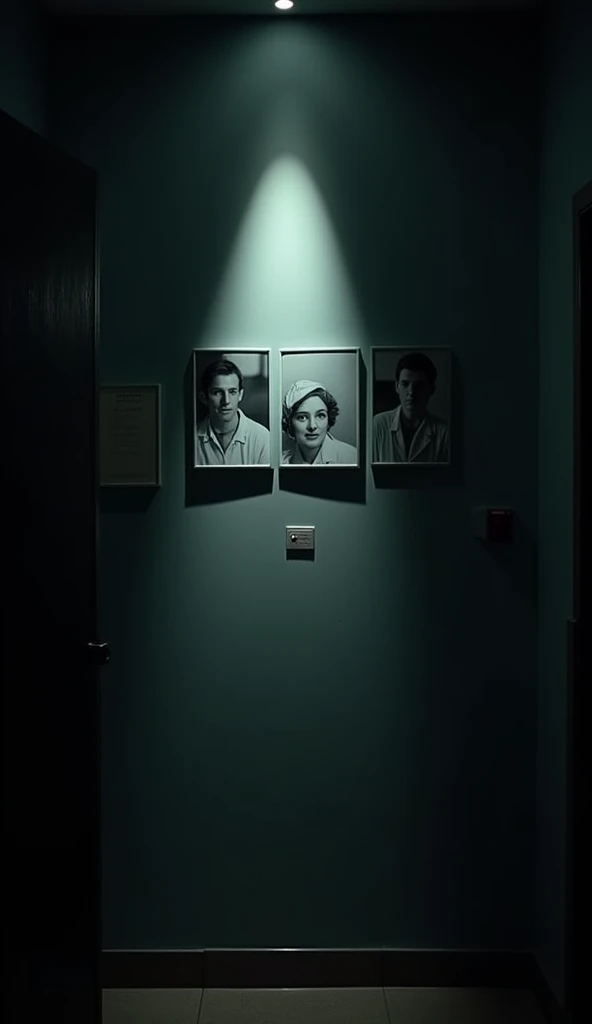 A vertical 9:16 frame of a pitch-black hospital wall, with a narrow flashlight beam highlighting a row of black-and-white photos. The photos depict doctors and patients from the 1950s, with one face appearing unnaturally vivid, staring back at the viewer. ...