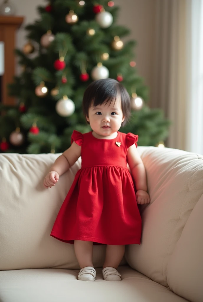 A one-year-old baby girl, short straight black hair, standing leaning on a cozy white sofa in a room decorated with Christmas decorations, a large Christmas tree in the corner of the room, she is wearing a red rens dress, white shoes, photo style 