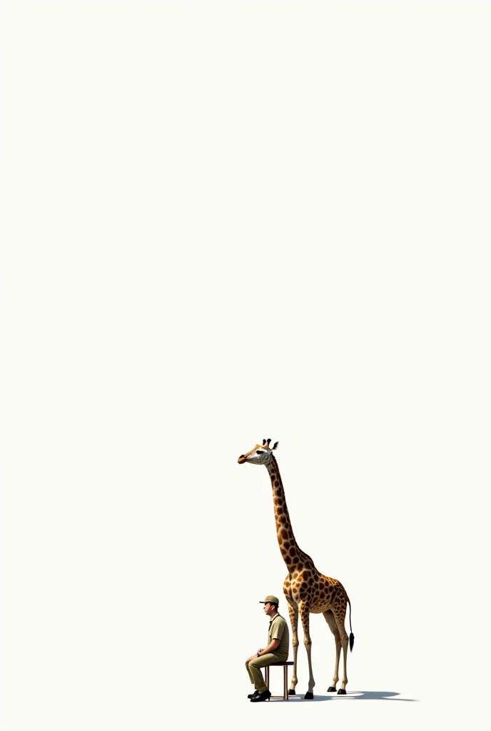 generate me a girafe and a zoo keeper chilling on a stool make the background white