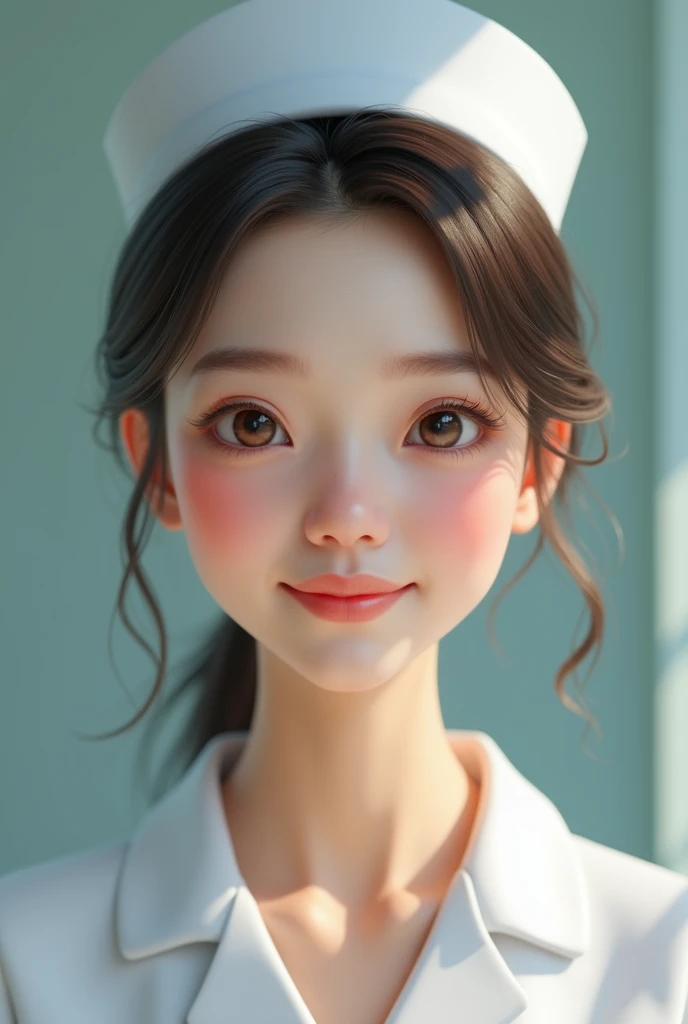 Realistic , 40 years old woman , nurse style , color eyes , white and bright skin ,not brown skin, white nurse clothes , with respect for cultural values , kind , beautiful 