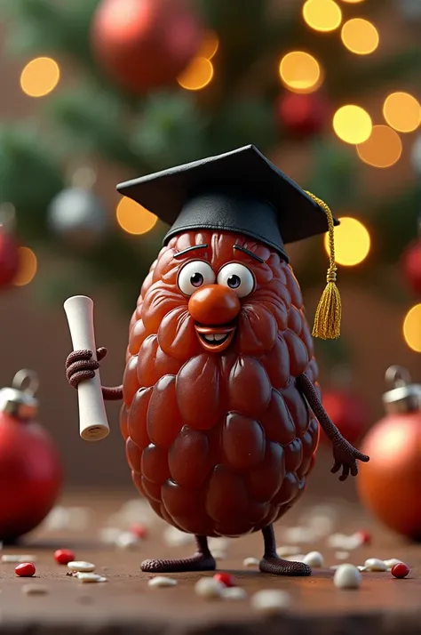 A realistic and funny image of a veteran raisin, wearing a tiny festive graduation cap and holding a diploma in its fictional hand. The raisin has an expression of pride and wisdom, embodying its veteran status. Its surrounded by Christmas decorations like...