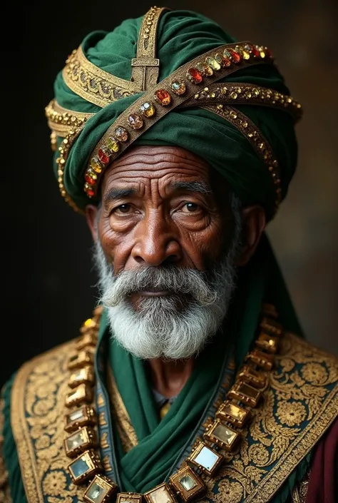 King Balthazar,  dark-skinned man,  about 65 years old , wearing gemstone turban ,  green and gold,  studio photograph in the foreground 