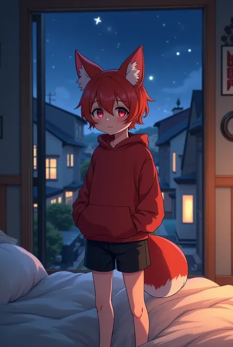  view of three quarters ，shota，red sweatshirt with black ,  red hair， small ren ，red eyes，fox ear ，fox tails， beautiful， to stand， Masterpieces，  high resolution ，8K， detailed background Town house，Libido boy，Alone， black shorts ,comfortable bed ,  at nigh...