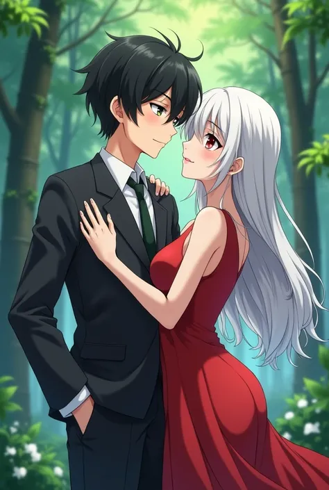 An anime boy in his teens wearing a school uniform with black hair, white skin with a broody expression and both his hands are in his pocket. A breathtakingly beautiful anime girl is holding him. she looked like she was carefully made by the goddess of bea...