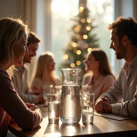 An elegant scene featuring a BRITA-LABELED water carafe placed on a wooden table surrounded by glasses filled with crystal-clear filtered water. In the background, a soft and warm atmosphere with blurred silhouettes of family (s and young old people) enjoy...