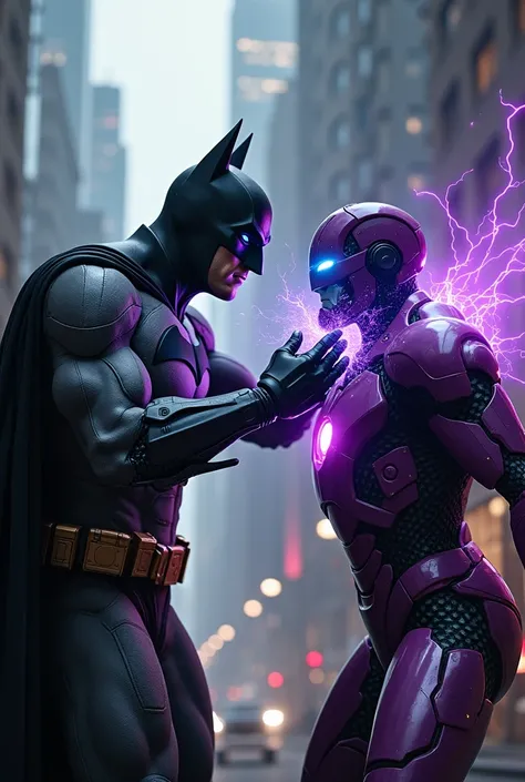 a cyborg batman punch a purple ironman with his electric glove