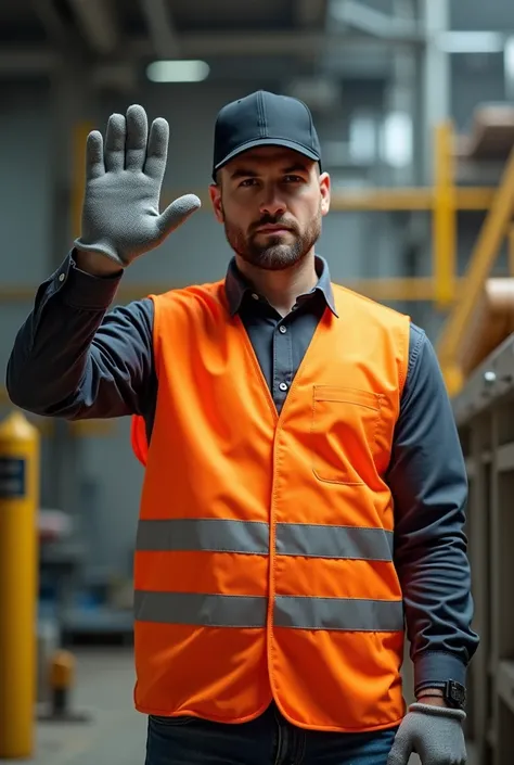 Far man with an orange safety vest , grey safety gloves and a black cap saying no with your finger 