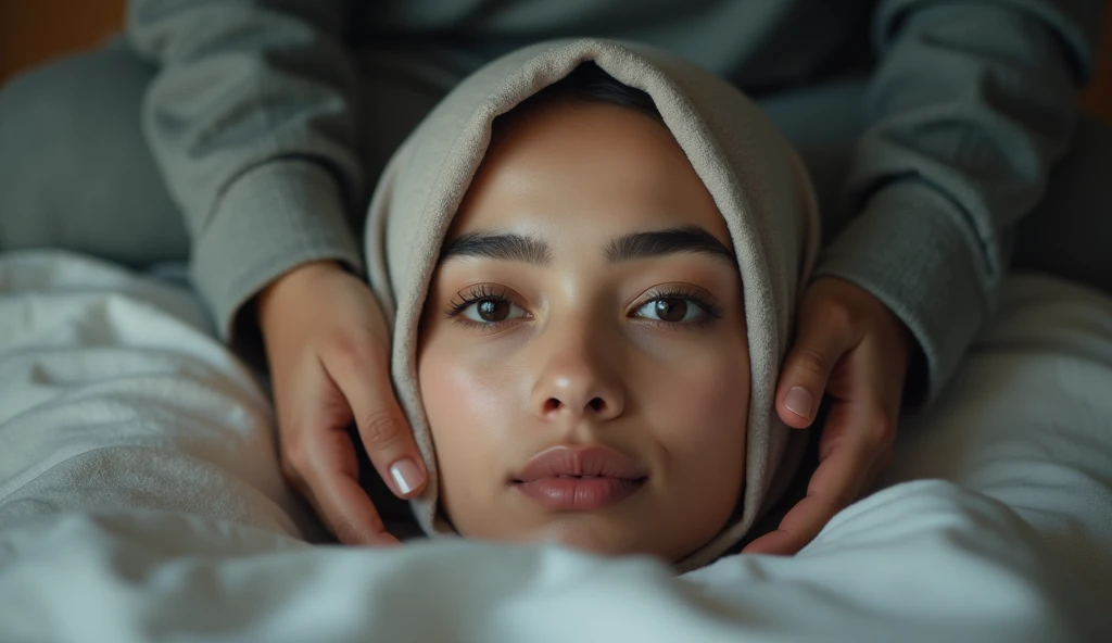  focused on Anggis face of a beautiful young woman in a hijab aged 20 years , with her mother ,  the mother covered Anggi in bed, 4k, 8K, HD, realistic,  professional photograph , ( Indonesian face )