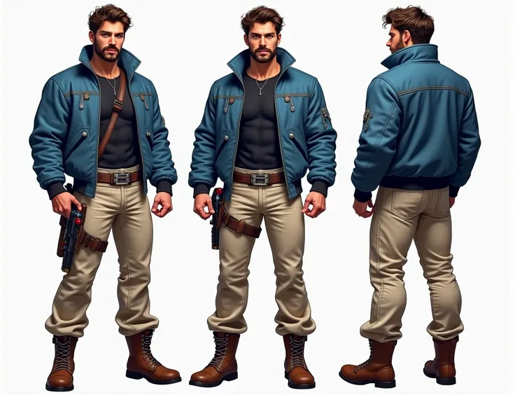 Muscular 6 foot 2 inches human white man with short curly brown hair and beard, piercing pale grey eyes handsome, wearing blue futuristic sci fi bomber jacket, with black sci fi superhero suit underneath, pale tan sci fi pants, brown boots with silver on, ...