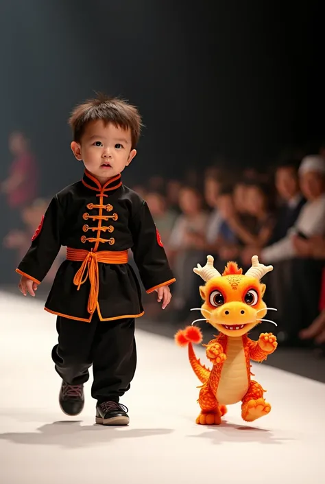 "A cute baby walks confidently down a runway, exuding style and elegance. The baby is wearing a traditional black Wushu Kung Fu uniform with bright, detailed and flowing details. Next to the baby, a baby Dragon is walking gracefully, as if they are both pa...