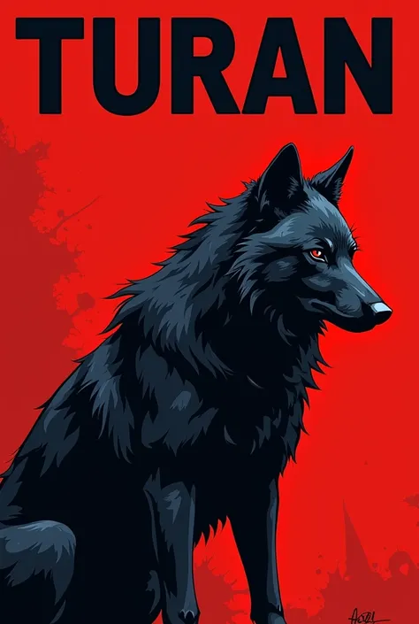 a flag with only a red background and a black wolf emblem with the word TURAN stretched out on top