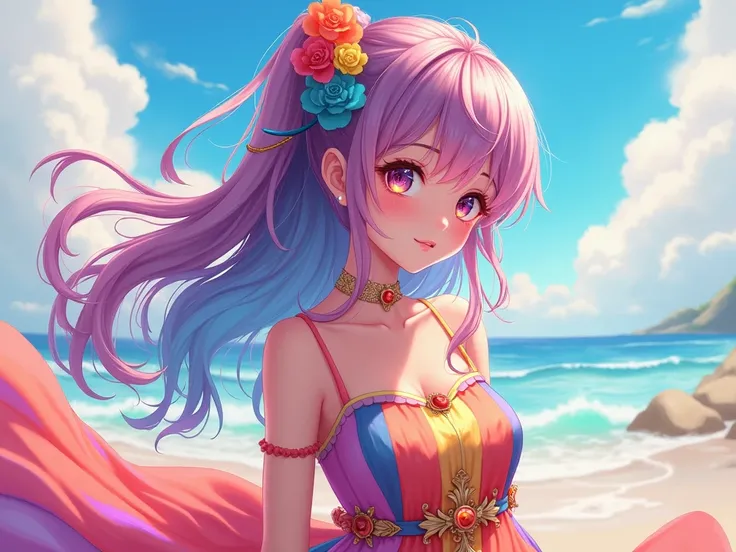 anime girl with colorful hair and a colorful dress, rossdraws pastel vibrant, rossdraws cartoon vibrant, anime style 4 k, beautiful anime portrait, artgerm colorful!!!, ! dream artgerm, beautiful anime girl, anime styled digital art, anime art wallpaper 4k...