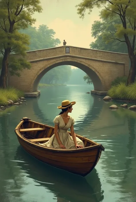 Make a real vintage image for a book cover of a brown boat in a river inside the boat, a woman dressed in period clothing and in the background a bridge and trees on the sides 