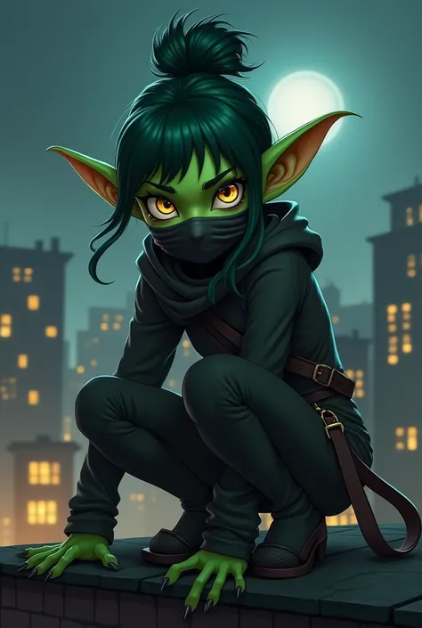 Full body of a medieval fantasy RPG character: (full body:1.5), (woman:1.5), (goblin:1.5), girl, pointy ears, wide ears, medium ears, short stature, green skin, serious face, dark green hair tied into a bun, ninja clothes, mask covering the mouth and nose,...