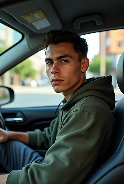 Young man in a vehicle