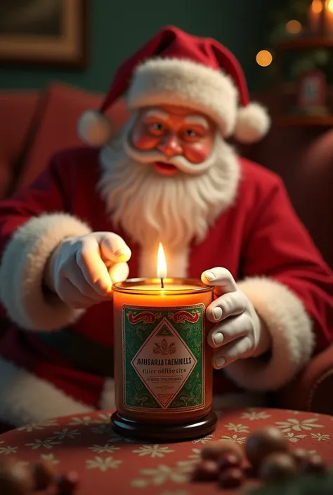 Create an image with Santa Clauss hand lighting an aromatic candle in a comfortable room .  Use green and red colors on the candle label with two inverted triangles inside each other 