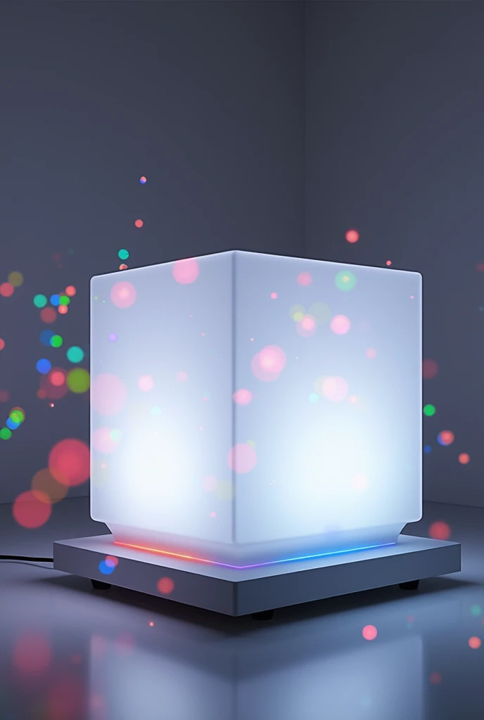 white cube with colored dots with swivel base that light up and plug in