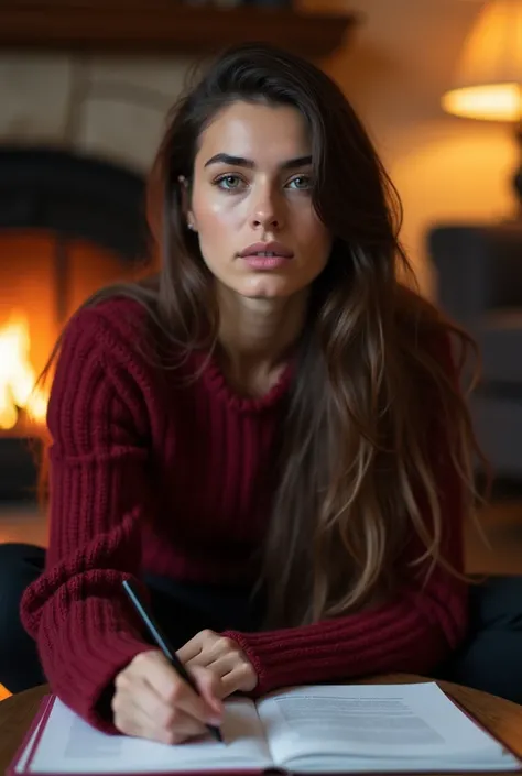 A young Latina woman with long brunette hair, greenish eyes, a pretty face and a pink mouth. The woman will be wearing a crimson sweater and black leggings. The woman will be sitting on the floor, hunched over a table near the fireplace in the living room,...