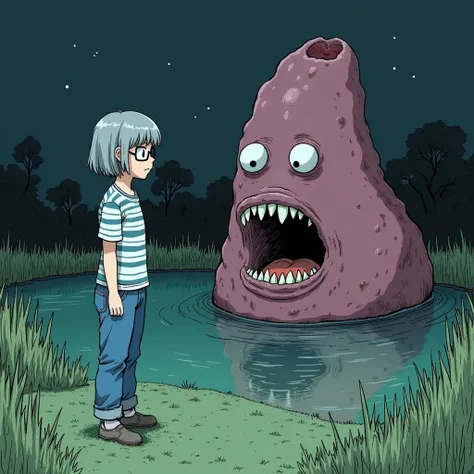 A shy young girl with short light-gray hair with glasses wearing a white&blue-striped shirt and blue jeans meets a scary huge lila piece of meat with five crabby eyes and a human mouth, somethere nearby the green pond in the night, a coloured anime sketch ...